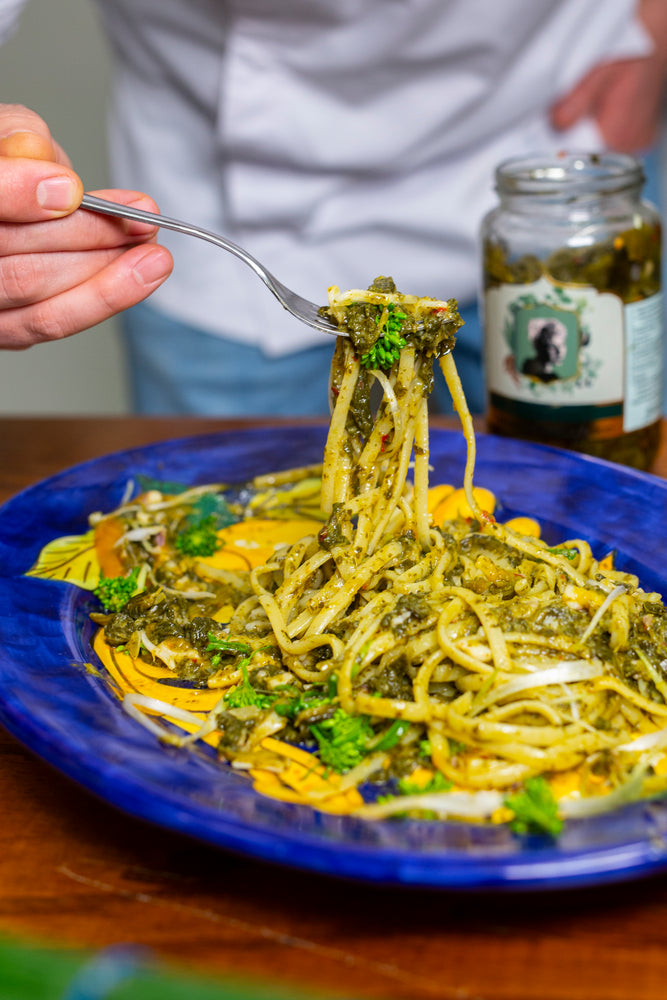 Linguine con Calamaro, Friarielli e Crema di Pomodorino Giallo Donna Francè