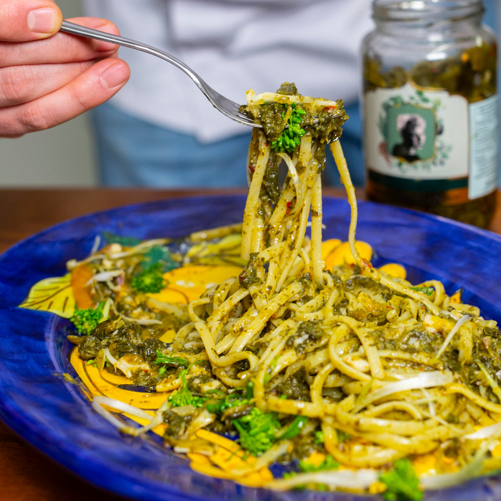 Linguine con Calamaro, Friarielli e Crema di Pomodorino Giallo Donna Francè
